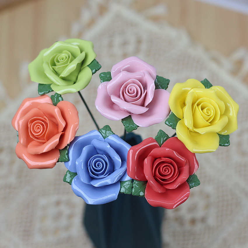 陶瓷非遗手工花玫瑰花精美瓷花枝家居饰品摆件仿真花花束节日送礼