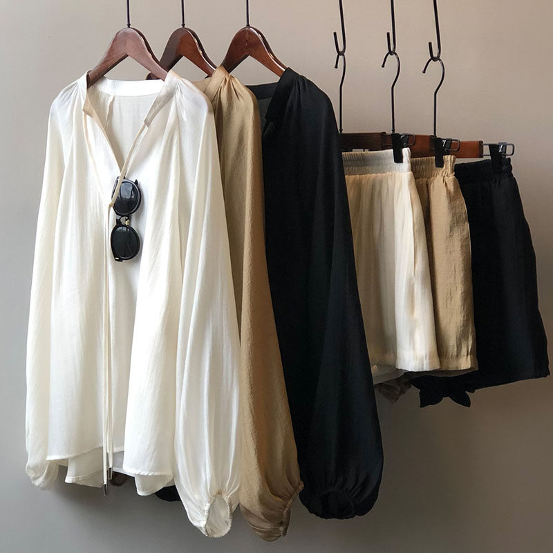 텐셀 자외선 차단 캐주얼 정장 여성 여름 하이 엔드 패션 활기찬 노화 감소 셔츠 스포츠 와이드 레그 반바지 투피스 세트