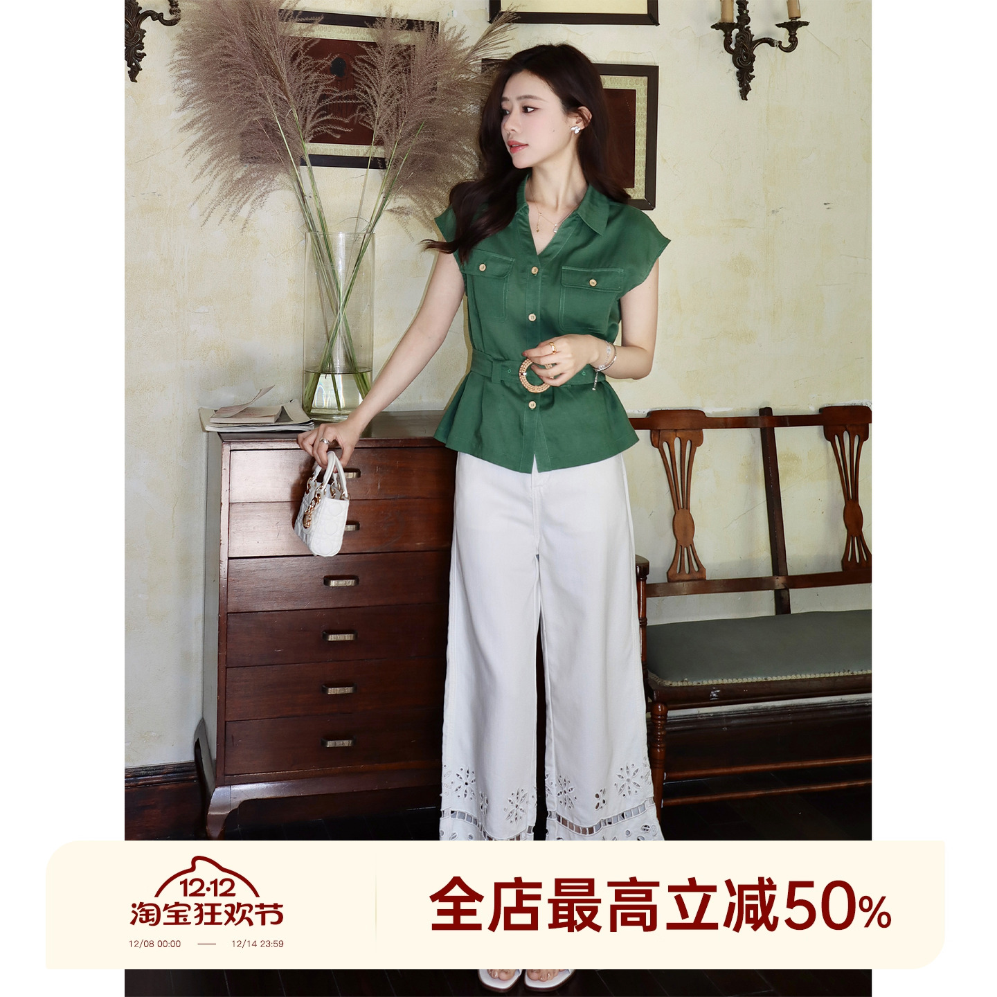 邱莹莹HELA AOMI“素衿”莱赛尔亚麻森系坎肩腰带收腰潮流衬衫女