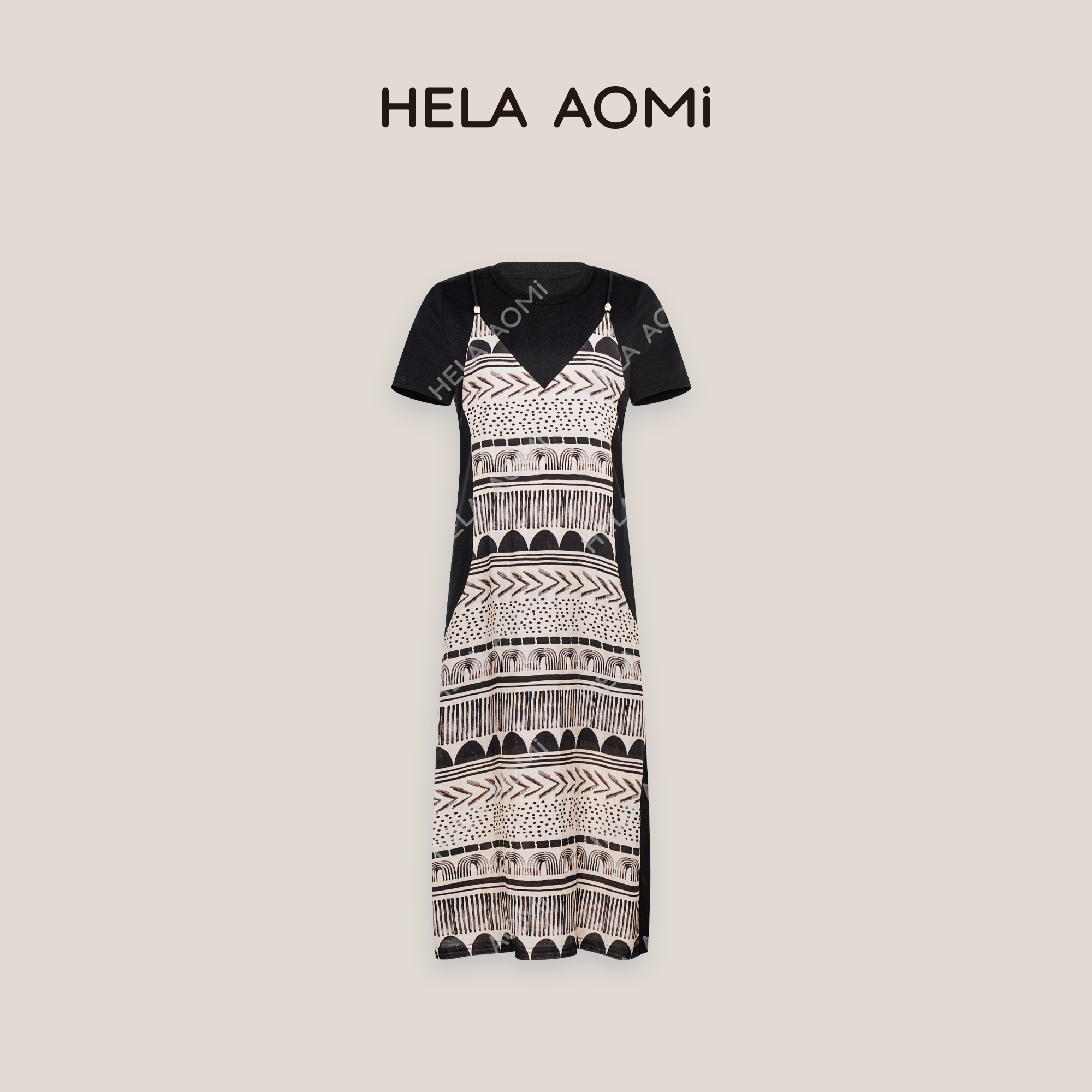 邱莹莹 HELA AOMI“民族蚂蚁腰”亚麻拼色条纹短袖连衣裙CY5BB72