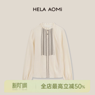 衬衫 邱莹莹HELA 100%桑蚕丝圆领花边长袖 蚕丝刺绣 AOMI