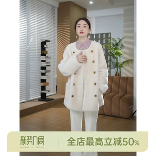 双面穿皮毛一体 AOMI 羊毛革圆领双排金扣皮草 HELA 邱莹莹