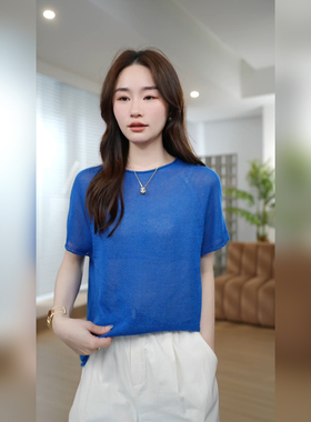 邱莹莹  “真丝和纸纱”莱赛尔桑蚕丝蝙蝠袖圆领轻薄透气针织衫夏