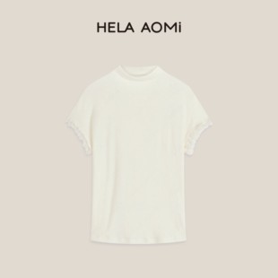 邱莹莹HELAAOMI “堆领蕾丝t”蕾丝拼接修身显瘦半高领T恤