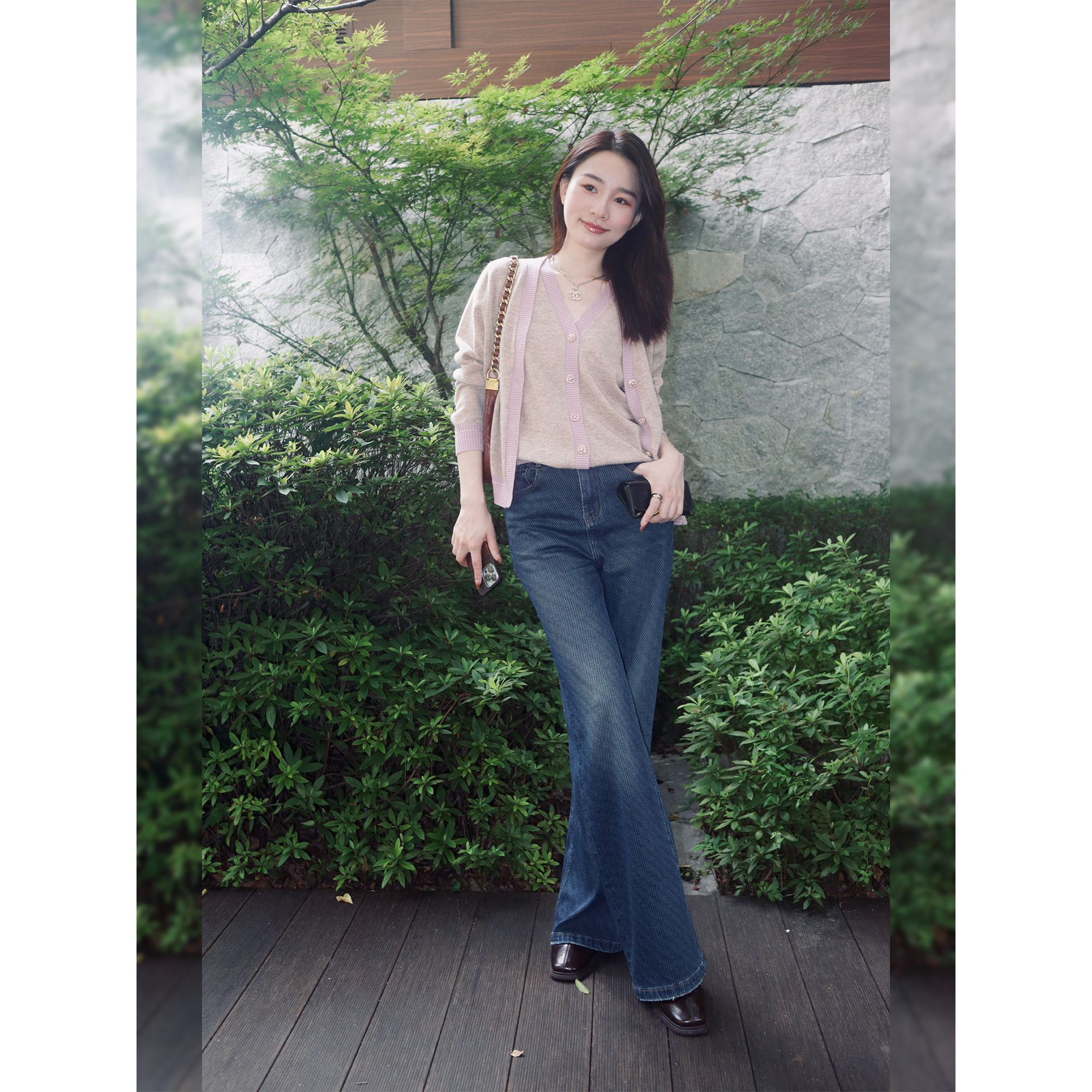 邱莹莹 HELAAOMI“100%绵羊毛 法式叠穿”V领马甲长袖针织套装