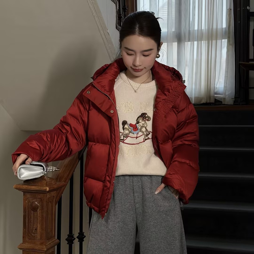邱莹莹  “卷王鹅绒”90白鹅绒缎面连帽短款羽绒服