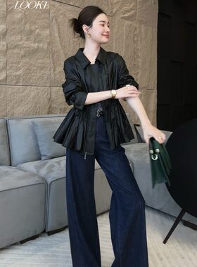 邱莹莹罗威皮衣女翻领插肩显瘦