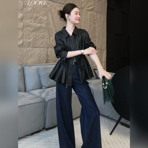邱莹莹罗威皮衣女翻领插肩显瘦