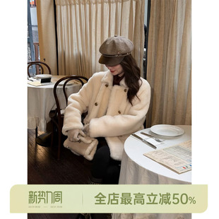 羊毛革双排扣短款 邱莹莹 糯糯奶霜.皮毛一体 AOMI 皮草 HELA