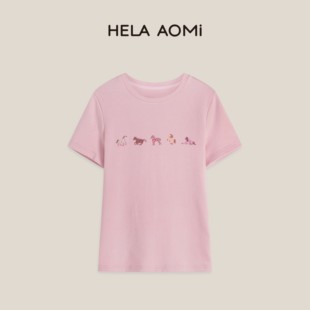 邱莹莹HELA 五驹绘彩 印花正肩宽松简约短袖 T恤 AOMI