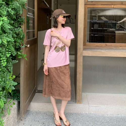 邱莹莹“车厘子T”桑蚕丝豹纹樱桃微宽松落肩卷边短袖圆领百搭T恤