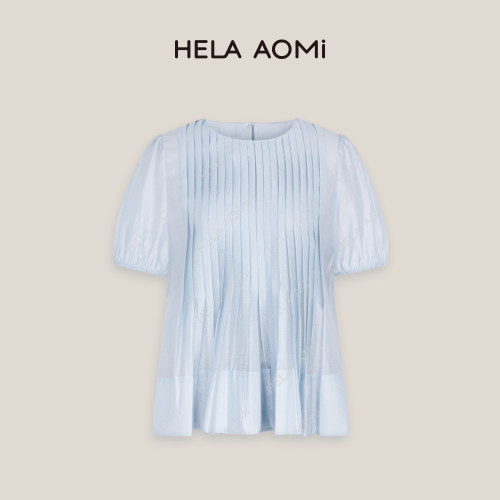 邱莹莹HELAAOMI“氧气蓝调”莱赛尔肌理感压褶衬衫半裙两件套