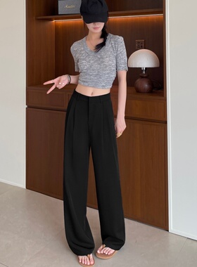 极简小个子高腰阔腿拖地裤女2026夏黑色宽松舒适垂感直筒裤休闲裤