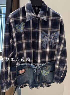 轻奢潮牌TCH专柜正品 2025秋款女装宽松格子牛仔衬衫 T75C13E1027