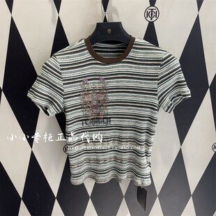 TCH轻奢潮牌专柜正品 烫钻条纹针织短袖 T恤 T75B098031 2025春夏款