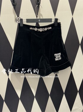 轻奢潮牌TCH专柜正品 2024秋冬丝绒烫钻高腰显瘦短裤 T72C216003