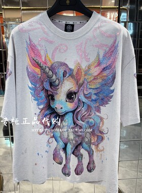 轻奢潮牌TCH专柜正品 2025秋冬男女烫钻小马短袖T恤 T75C10E9063