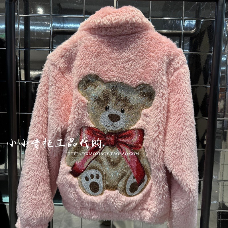 TCH烫钻蝴蝶结小熊毛绒外套