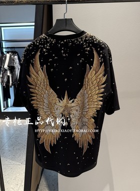 TCH轻奢潮牌专柜正品 2025夏款重工烫钻大翅膀短袖T恤 T75A106012