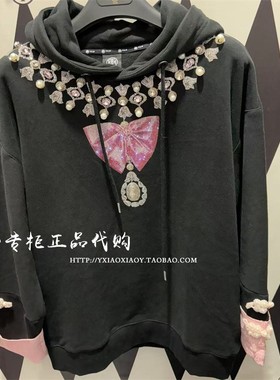 轻奢潮牌TCH专柜正品 2024秋冬烫钻蝴蝶结国风连帽卫衣T72C126002