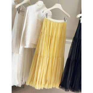 2659 温柔风高腰网纱百褶半身裙女蛋糕裙显瘦大摆长裙A字裙 法式