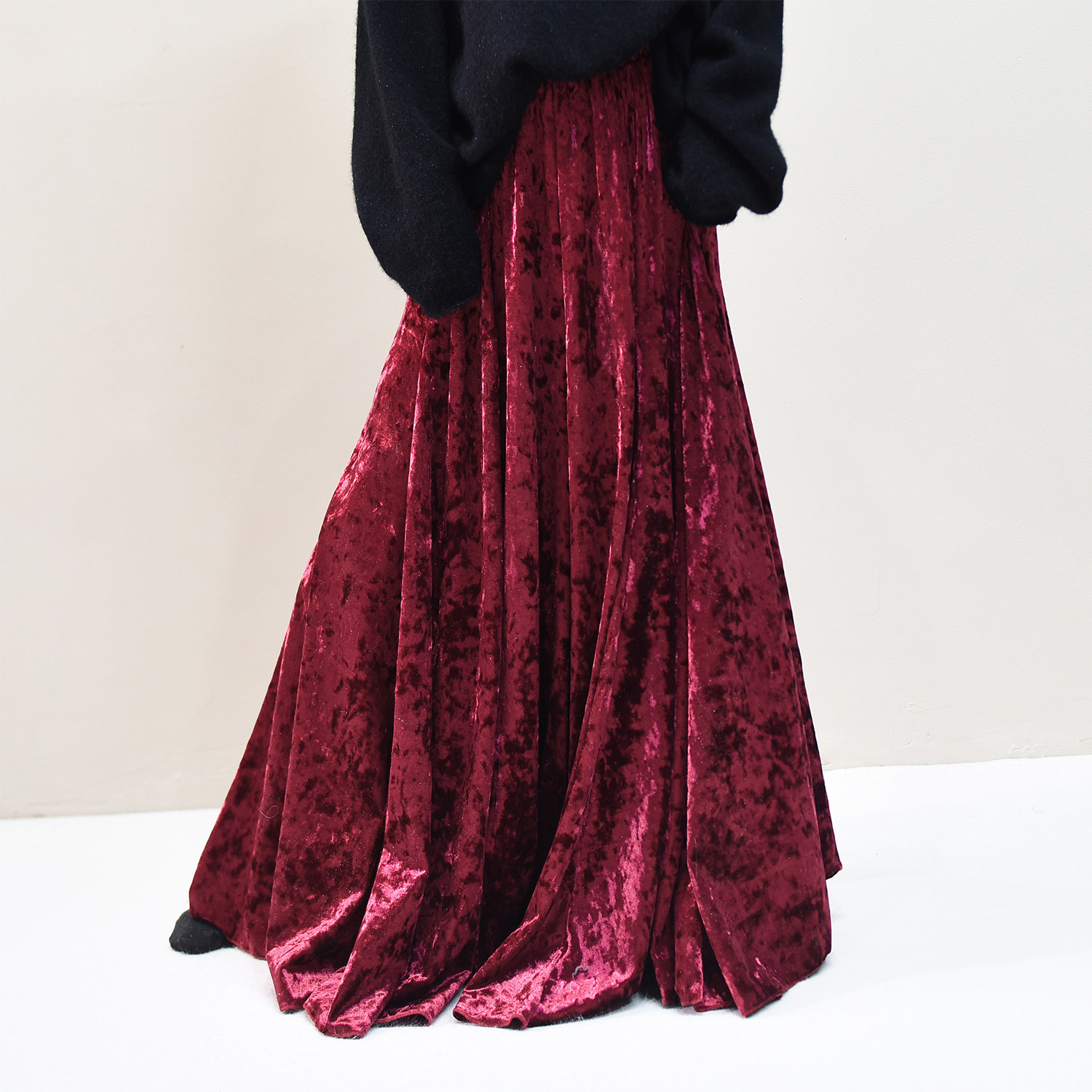 2610 复古丝绒A字半身裙女长款垂感大摆裙松紧腰显瘦拼接裙