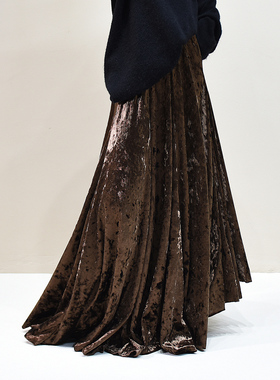 2610 复古丝绒半身裙女长款垂感大摆裙松紧腰显瘦A字裙拖地裙