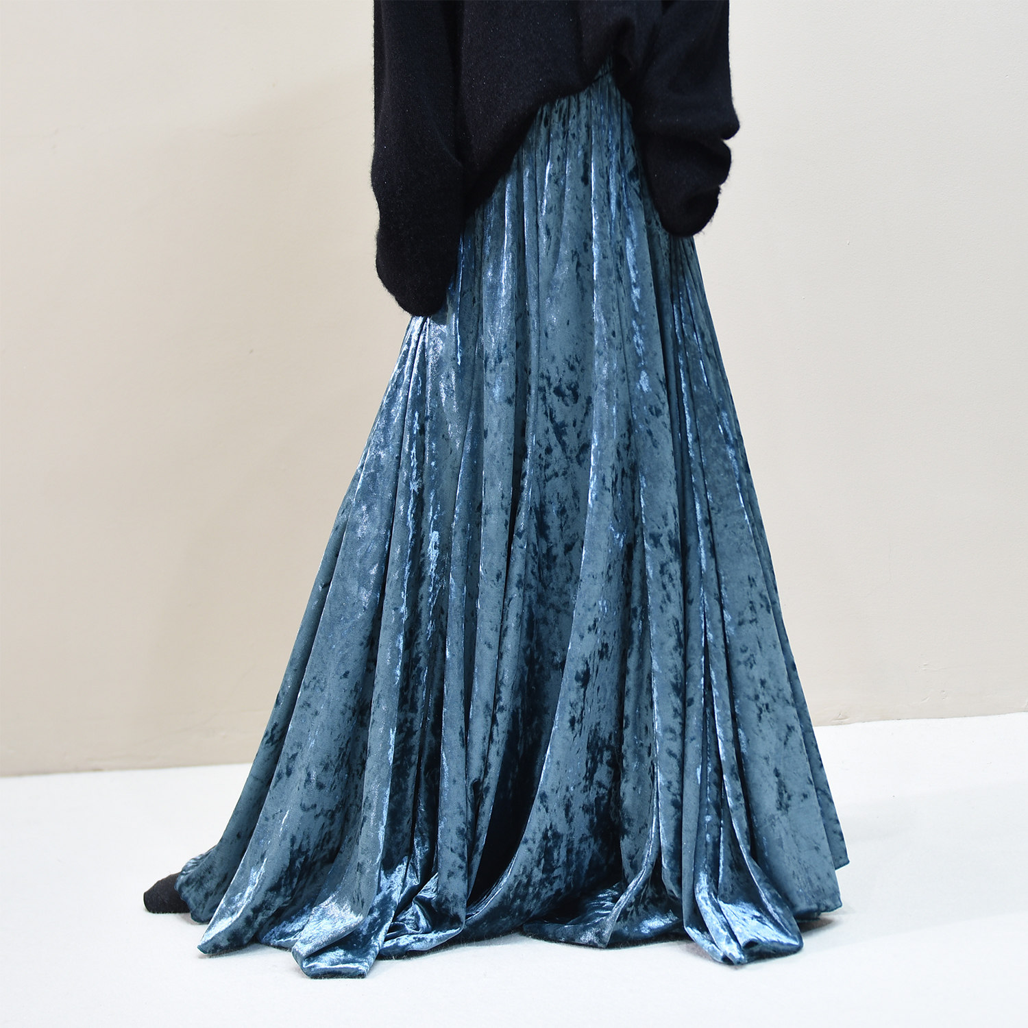 2610 复古丝绒半身裙女长款垂感大摆A字裙松紧腰显瘦拼接裙拖地裙