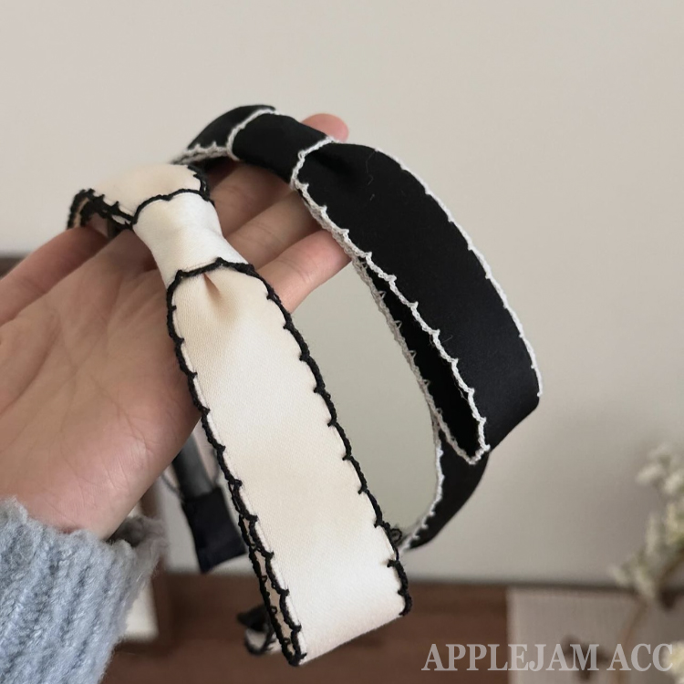 韩国进口 手工 花边 小香风 黑白撞色 蝴蝶结 带齿梳 发箍