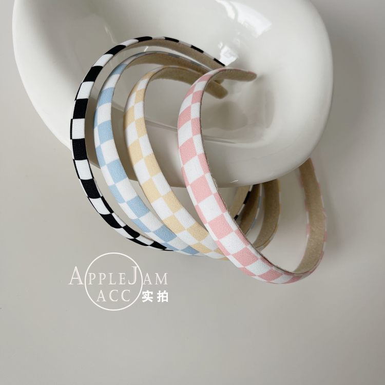 韩国ins棋盘格印花手工细款发箍