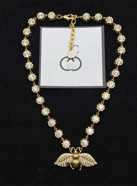 复古做旧蜜蜂吊坠项链女镶钻黄铜朋克叠戴时尚个性小众锁骨链轻奢