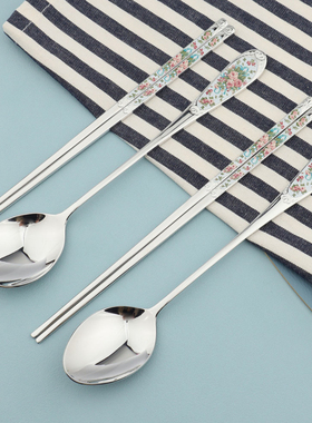 韩国进口SMF英式玫瑰花束304不锈钢勺子筷子实心扁筷子勺子套装