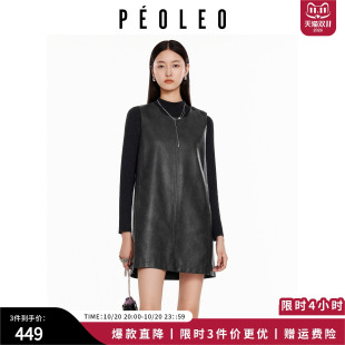 飘蕾酷感简约风无袖pu皮连衣裙女26冬新款皮包装饰高级感质感穿搭