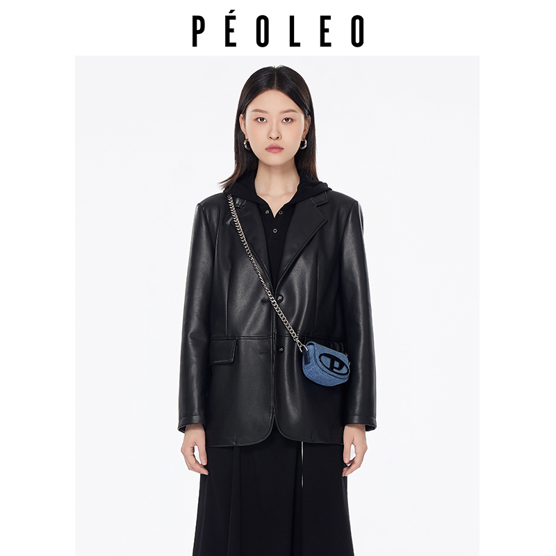 飘蕾PU革西装外套女2025春秋新款