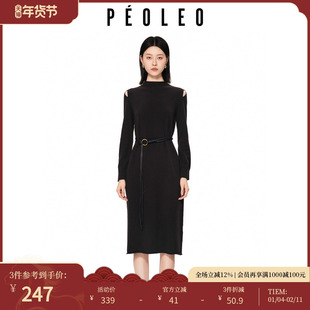 飘蕾100%绵羊毛半高领针织连衣裙2025冬季新款长袖镂空肩腰带长裙