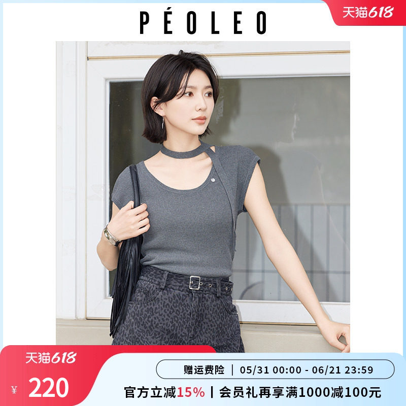 飘蕾高级感飘带针织衫女26夏季新款深灰色圆领设计感短袖小众毛衣