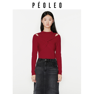 冬季 飘蕾红色露肩毛衣针织衫 镂空设计显瘦通勤女 清仓直降