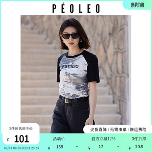 新款 t恤女夏季 印花设计感正肩上衣 复古插肩撞色短袖 飘蕾美式