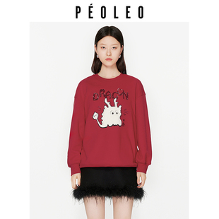 舒适保暖宽松休闲设计圆领套头 飘蕾红色印花卫衣冬季 清仓直降