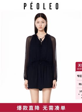 飘蕾黑色V领绑带收腰连体衣