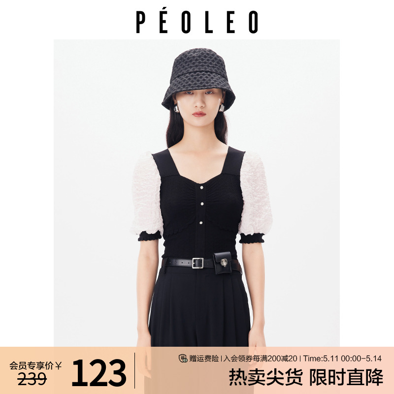 飘蕾优雅甜美减龄上衣女2024夏季新款泡泡袖黑色针织衫短袖peoleo-封面
