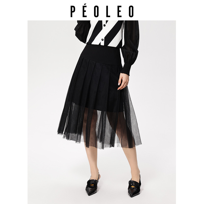 飘蕾黑色高腰压褶网纱半身裙女024秋季新款气质百搭A字显瘦中长裙