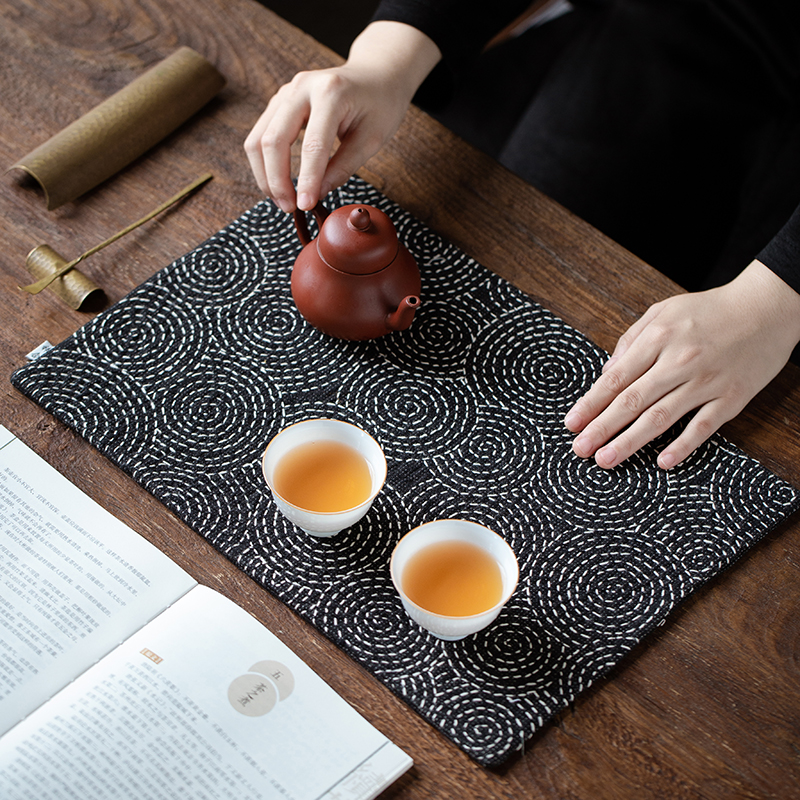 祎念  听雨系列  中式手工刺子绣复古干泡茶席餐桌隔热垫茶室搭配