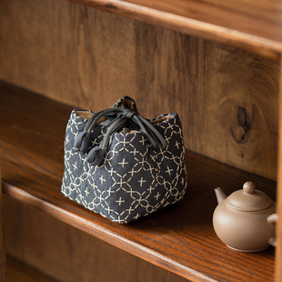 中式复古棉麻刺子绣主人杯收纳袋加厚旅行便携茶具包紫砂壶收纳包