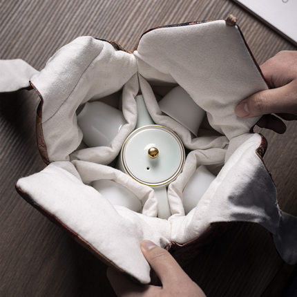 中式  手织老布  旅行便携手工一壶四杯收纳袋丝绸茶具茶壶收纳包