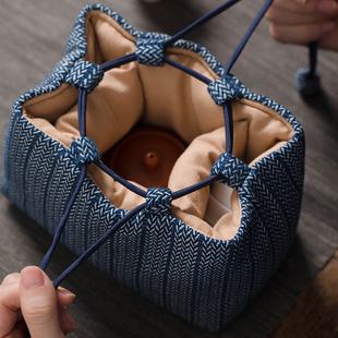 中式 复古提花蓝染茶具收纳包一壶两杯加厚便携旅行收纳袋 可定制