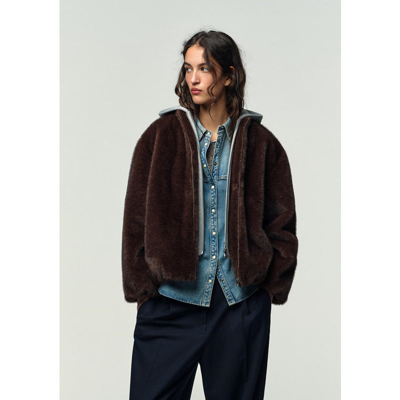 人造皮草效果夹克外套