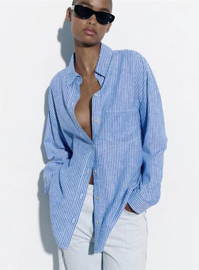 Z 春夏新品 女装 休闲风亚麻混纺条纹宽松衬衫 4745/023