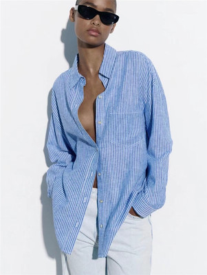 宽松休闲风长袖亚麻混纺条纹衬衫