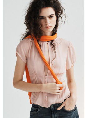 夏季新品 女装 优雅风半透明褶皱装饰圆领短袖上衣 4764044 621